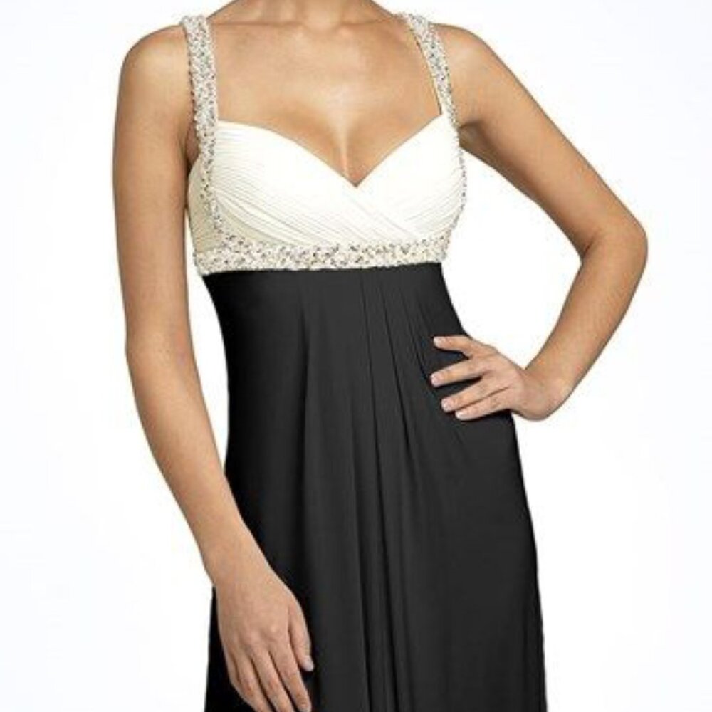 JS Boutique Beaded Crisscross Matte Jersey Gown (Size 8 US, Black, Ivory)